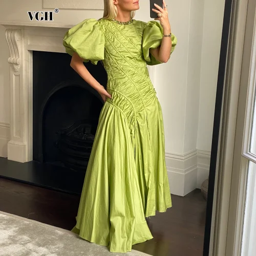 VGH Solid Spliced Drawstring Folds Designer Maxi Dress for Women O Neck Puff Sleeve High Waist Elegant Party Dresses Female New