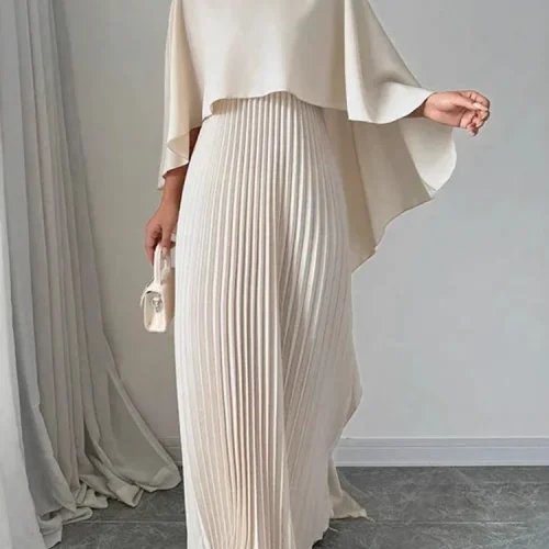 Spring Summer Elegant Crew Neck Pleated Dresses Women Casual Solid Loose Long Dress Cloak Sleeves Ruffle Maxi Dress Vestidos