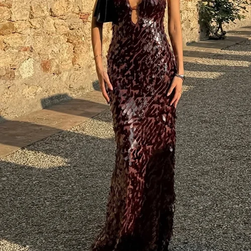 Women Sequin Sling Maxi Dress V-neck Solid Backless High Waist Sleeveless Dresses 2025 Fashion New Summer Lady Party Robes