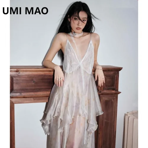UMI MAO Sea Goddess Luminous Jellyfish Dresses With Yarn Printed Transparent Feather And Irregular Strap Dress Elegant Femme