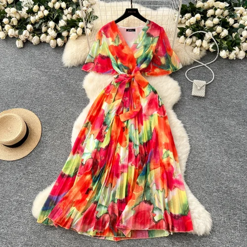 New Sexy Print chiffon Short Sleeve V-neck Maxi Long Dress Chic Evening Party Club Summer Vestidos Women Hip Wrap dresses