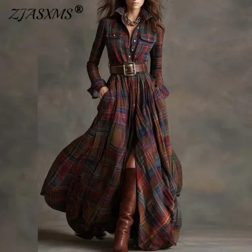 French Retro Plaid Print Slit Long Dresses Woman Elegant Turn-down Collar Button Maxi Dress Autumn Long Sleeve Pocket Boho Dress