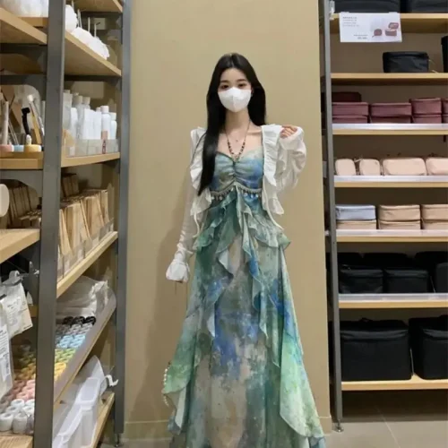 French Summer Temperament Vacation Suspender Styling Summer New Waist-loading Print Dress