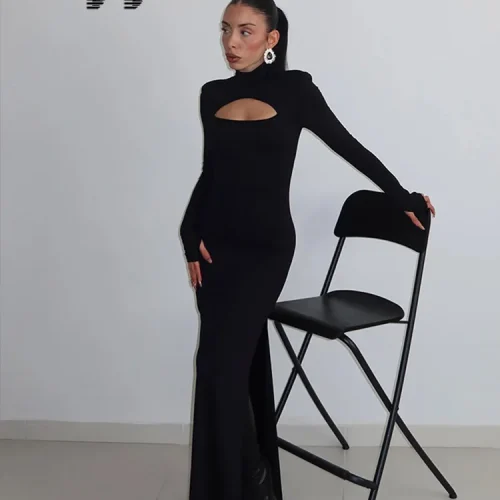Ahagaga Sexy Sheath Women's Maxi Dresses Solid Turtleneck Regular Long Sleeves Hollow Out Slim Fit Bodycon Party Vestidos Robes