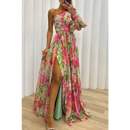 Women's Casual Off Shoulder Long Sleeved Waist Tied Dress with Slanted Collar Holiday Party Fashion Print Slit Dress