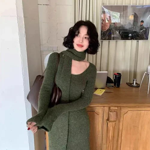 Vintage Knitted Midi Dress Y2K Autumn Slim with Scarf Long Sleeve Dress Female Korean Streetwear Chic All Match Female Vestidos