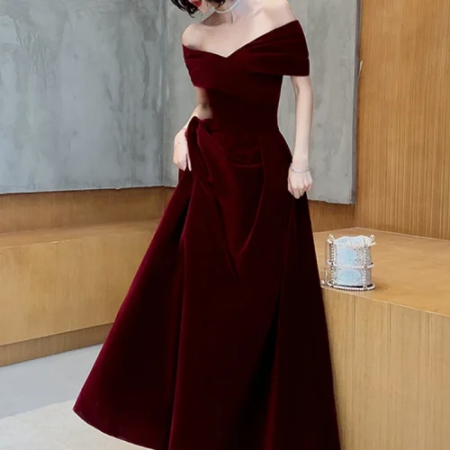 Lautaro Spring Long Luxury Elegant Wine Red Soft Velvet Evening Party Wedding Dresses for Women 2022 Off Shoulder Maxi Dress