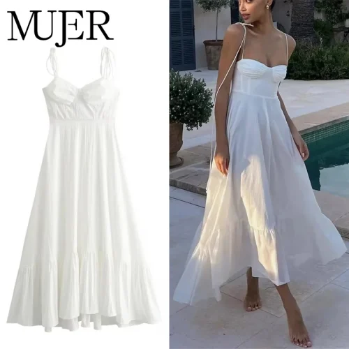 MUJER White Long Dresses For Women Ruffle Slip Corset Dress Woman Fashion Sleeveless Backless Summer Sexy Holiday Party Dresses